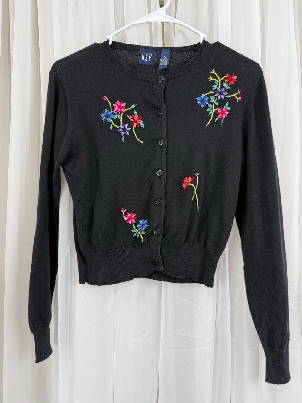 GAP Girls Large Embroidered Floral Button Front Cardigan Black 100% Cotton